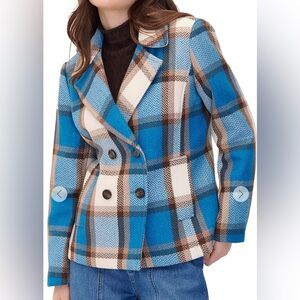 Julio Plaid Blazer Jacket Blue Brown Check Size 8 NWT